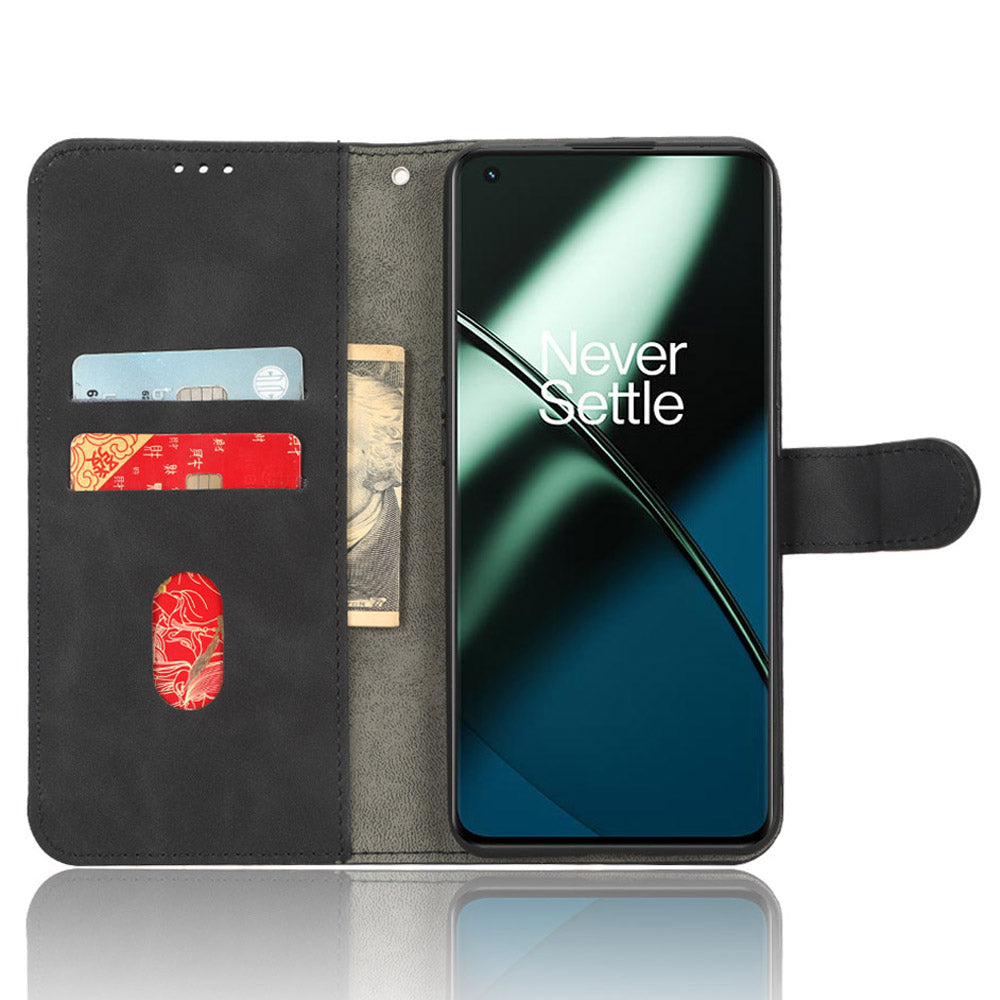 For OnePlus 11 5G Skin-touch Feeling Phone Leather Case Wallet Stand Cell Phone Cover - Black