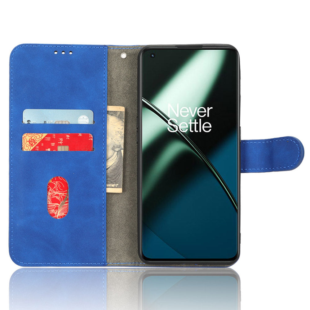 For OnePlus 11 5G Skin-touch Feeling Phone Leather Case Wallet Stand Cell Phone Cover - Blue