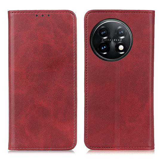 For OnePlus 11 5G Magnetic Auto Closing Mobile Phone Stand Case Split Leather Drop-proof Cover Wallet - Red