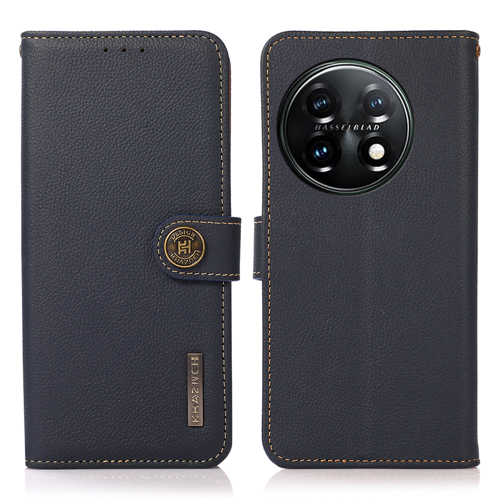 KHAZNEH For OnePlus 11 5G RFID Blocking Magnetic Anti-fall Phone Wallet Case Stand Genuine Leather Shockproof Phone Cover - Blue