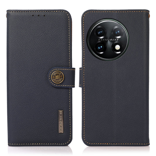 KHAZNEH For OnePlus 11 5G RFID Blocking Magnetic Anti-fall Phone Wallet Case Stand Genuine Leather Shockproof Phone Cover - Blue