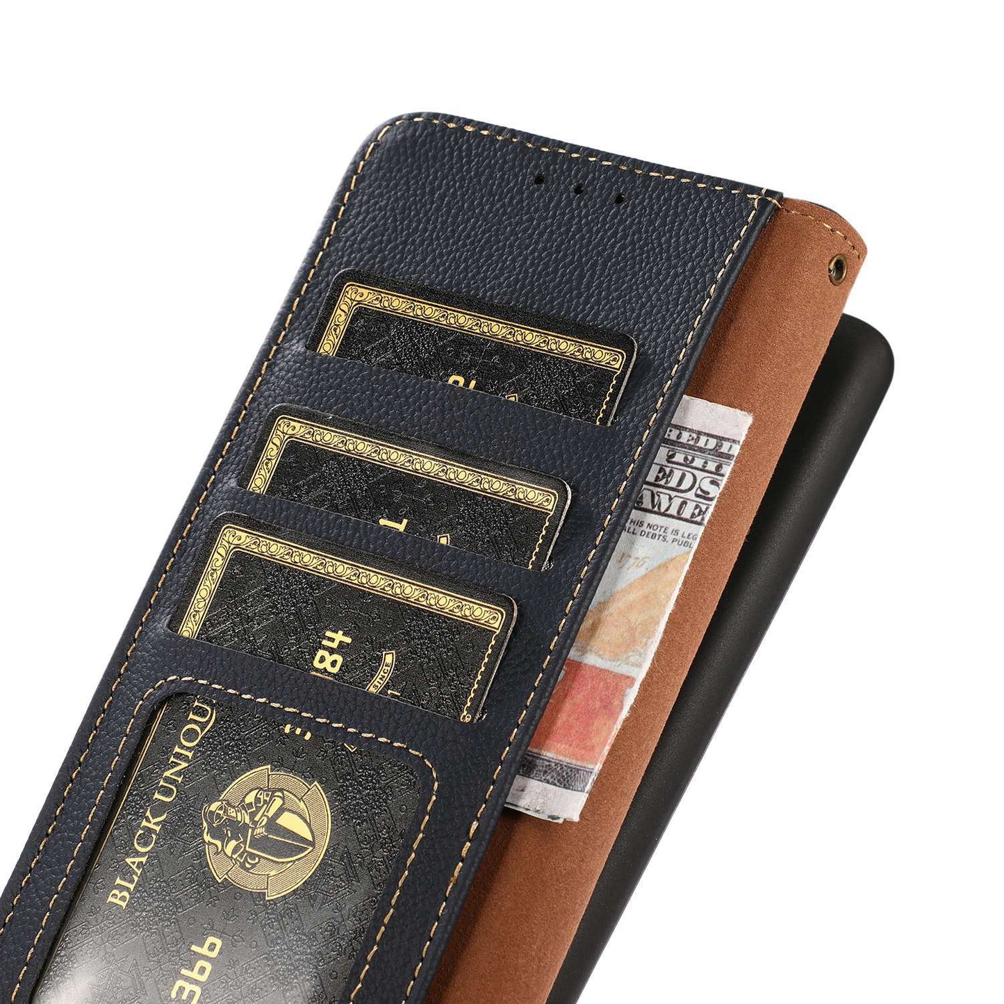 KHAZNEH For OnePlus 11 5G RFID Blocking Magnetic Anti-fall Phone Wallet Case Stand Genuine Leather Shockproof Phone Cover - Blue