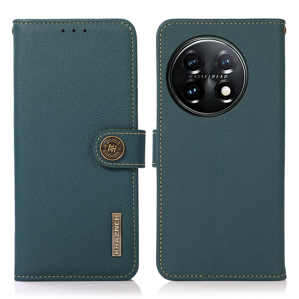 KHAZNEH For OnePlus 11 5G RFID Blocking Magnetic Anti-fall Phone Wallet Case Stand Genuine Leather Shockproof Phone Cover - Green