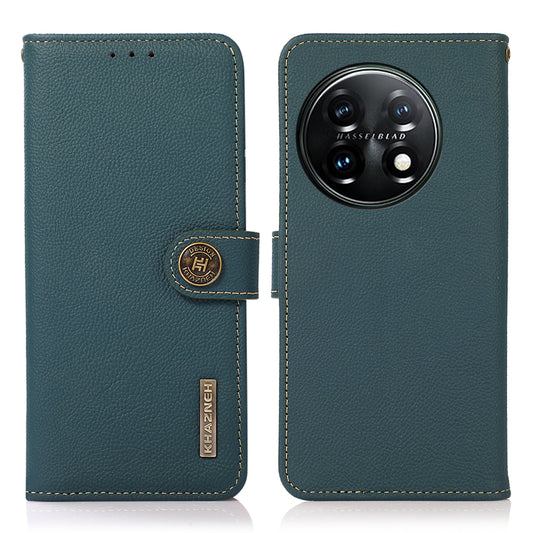 KHAZNEH For OnePlus 11 5G RFID Blocking Magnetic Anti-fall Phone Wallet Case Stand Genuine Leather Shockproof Phone Cover - Green