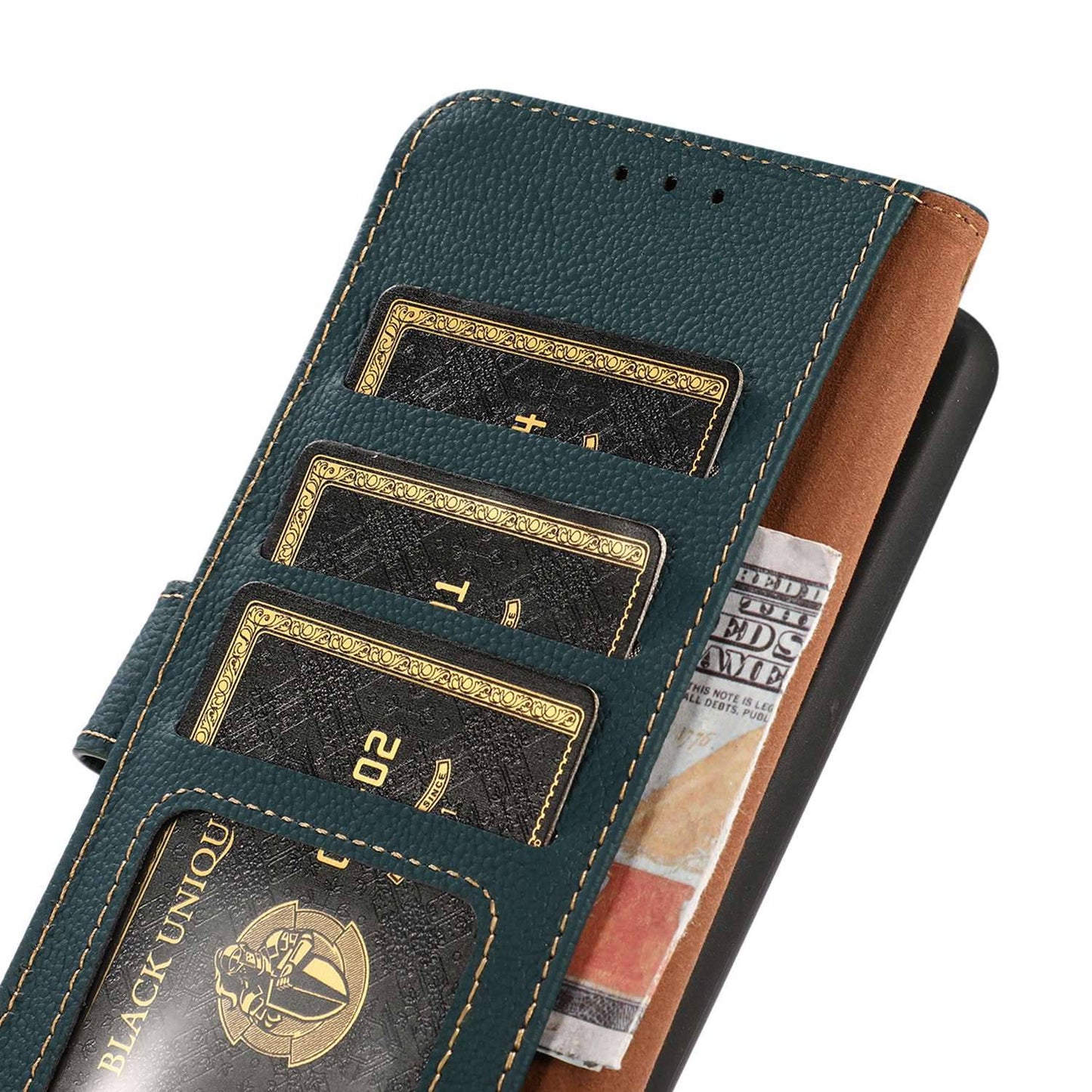 KHAZNEH For OnePlus 11 5G RFID Blocking Magnetic Anti-fall Phone Wallet Case Stand Genuine Leather Shockproof Phone Cover - Green