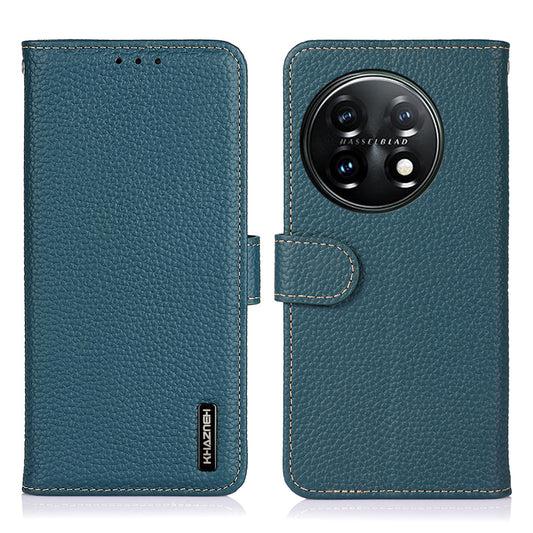 KHAZNEH For OnePlus 11 5G Genuine Leather Flip Phone Wallet Cover Litchi Texture Stand Anti-drop Phone Case - Green
