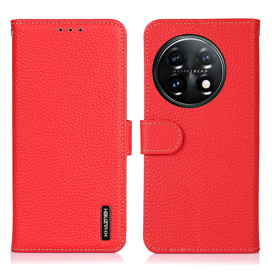 KHAZNEH For OnePlus 11 5G Genuine Leather Flip Phone Wallet Cover Litchi Texture Stand Anti-drop Phone Case - Red