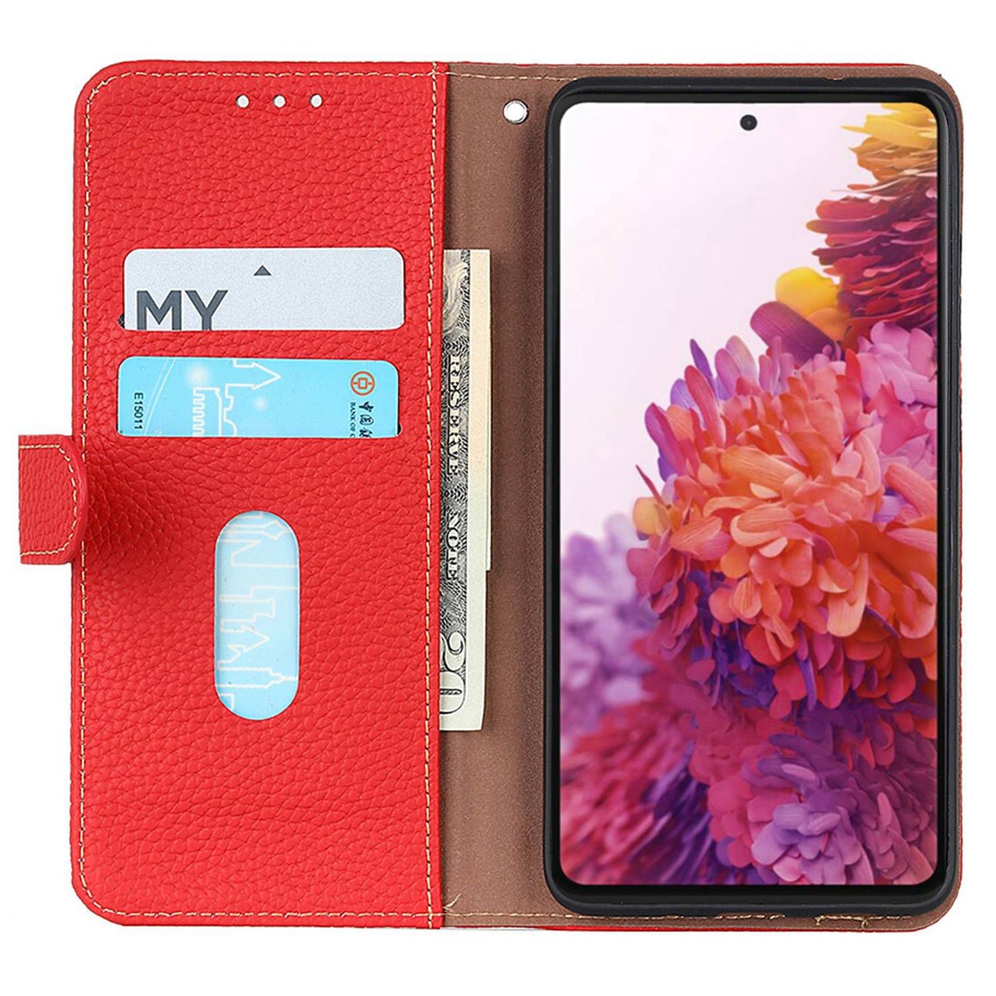KHAZNEH For OnePlus 11 5G Genuine Leather Flip Phone Wallet Cover Litchi Texture Stand Anti-drop Phone Case - Red