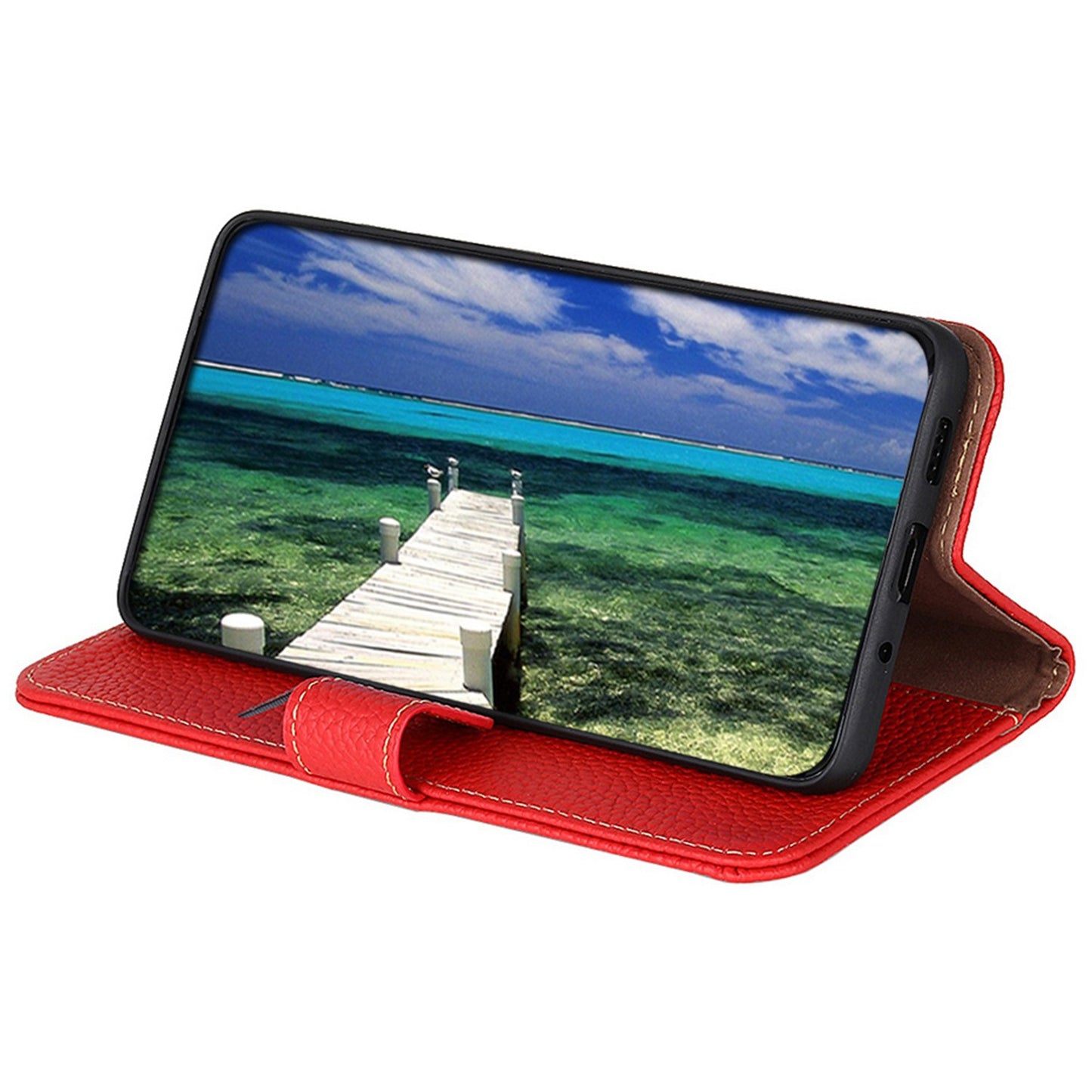 KHAZNEH For OnePlus 11 5G Genuine Leather Flip Phone Wallet Cover Litchi Texture Stand Anti-drop Phone Case - Red