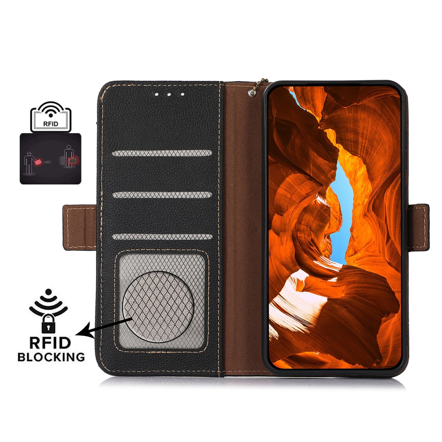 TJ Drop-proof Cell Phone Case for OnePlus 11 5G, Genuine Cowhide Leather RFID Blocking Anti-scratch Phone Cover with Wallet Stand - Black
