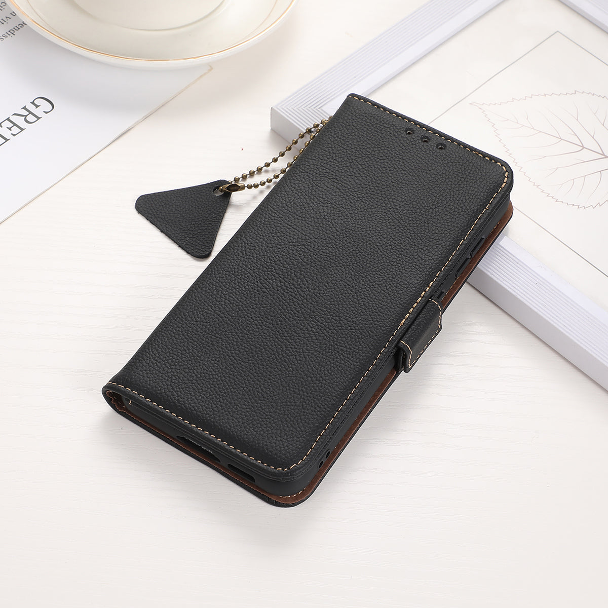 TJ Drop-proof Cell Phone Case for OnePlus 11 5G, Genuine Cowhide Leather RFID Blocking Anti-scratch Phone Cover with Wallet Stand - Black