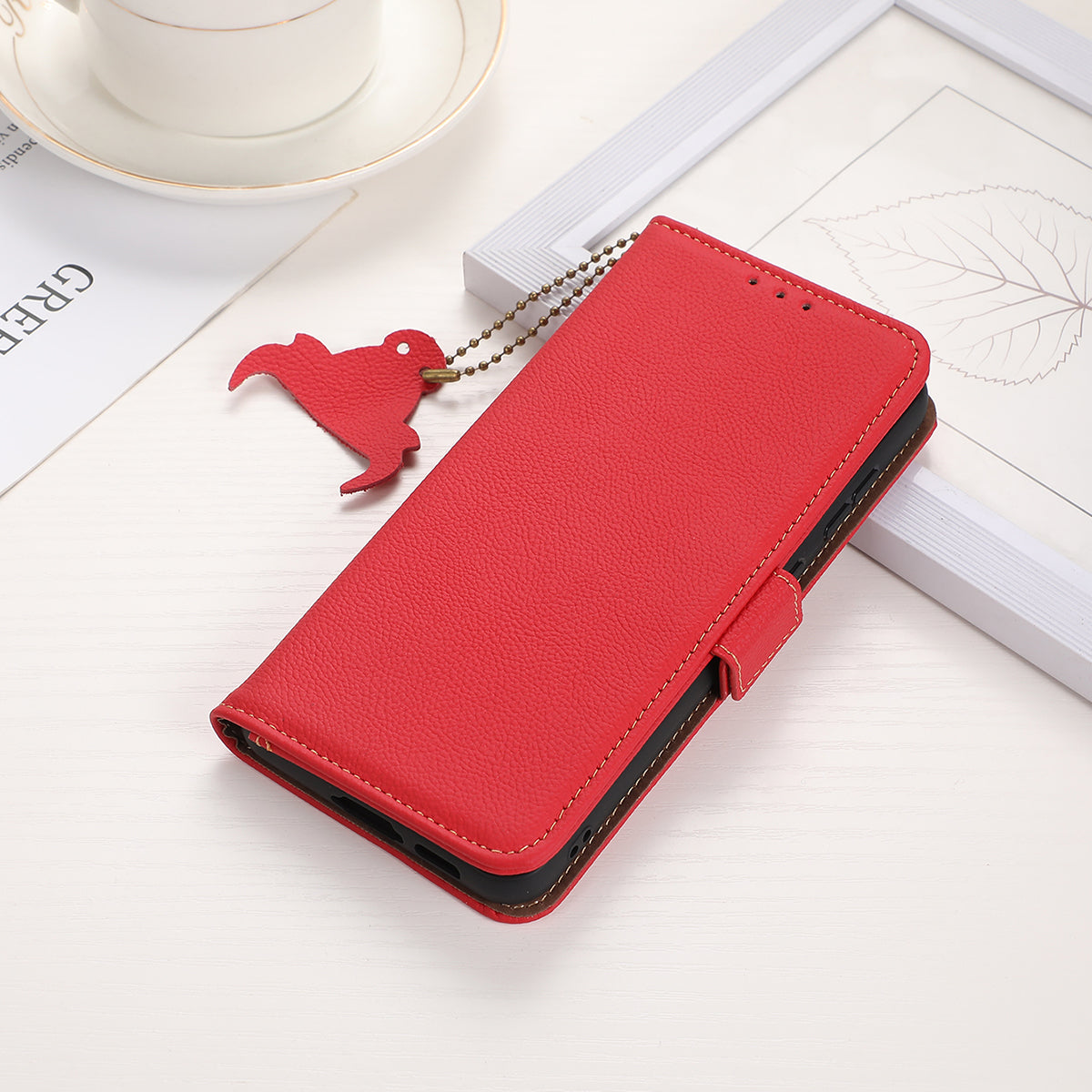 TJ Drop-proof Cell Phone Case for OnePlus 11 5G, Genuine Cowhide Leather RFID Blocking Anti-scratch Phone Cover with Wallet Stand - Red