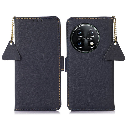 TJ Drop-proof Cell Phone Case for OnePlus 11 5G, Genuine Cowhide Leather RFID Blocking Anti-scratch Phone Cover with Wallet Stand - Blue