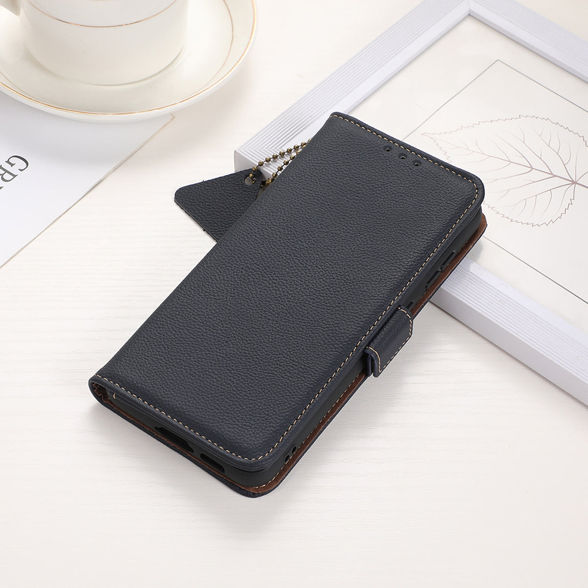 TJ Drop-proof Cell Phone Case for OnePlus 11 5G, Genuine Cowhide Leather RFID Blocking Anti-scratch Phone Cover with Wallet Stand - Blue