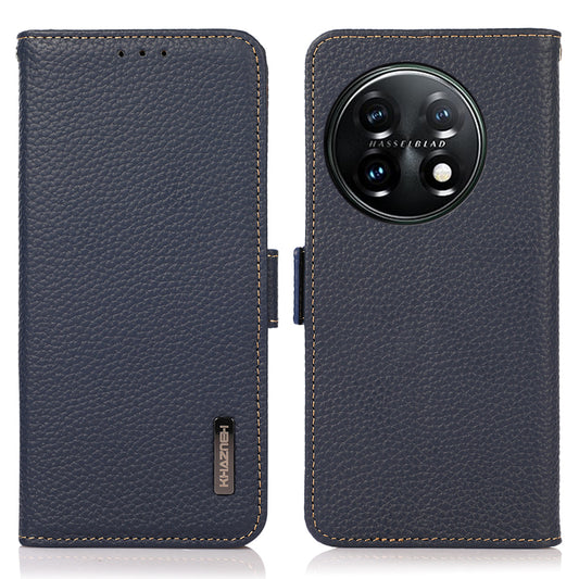 KHAZNEH Phone Case for OnePlus 11 5G RFID Blocking Stand Wallet Litchi Texture Genuine Leather Shockproof Flip Phone Cover - Blue