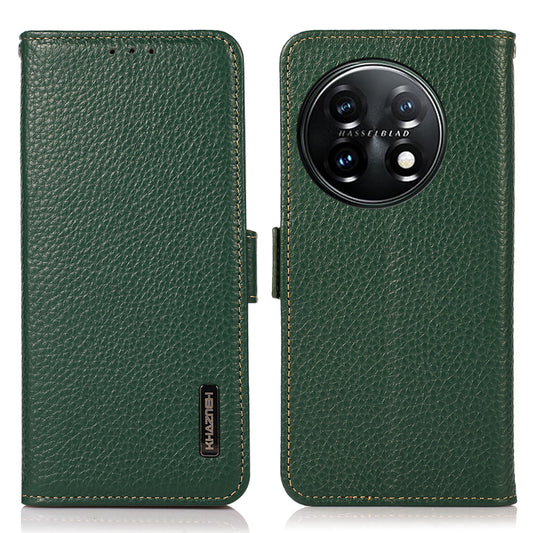 KHAZNEH Phone Case for OnePlus 11 5G RFID Blocking Stand Wallet Litchi Texture Genuine Leather Shockproof Flip Phone Cover - Green