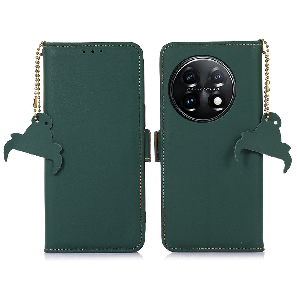 For OnePlus 11 5G Phone Case Genuine Leather Flip Cover RFID Blocking Wallet Case - Green