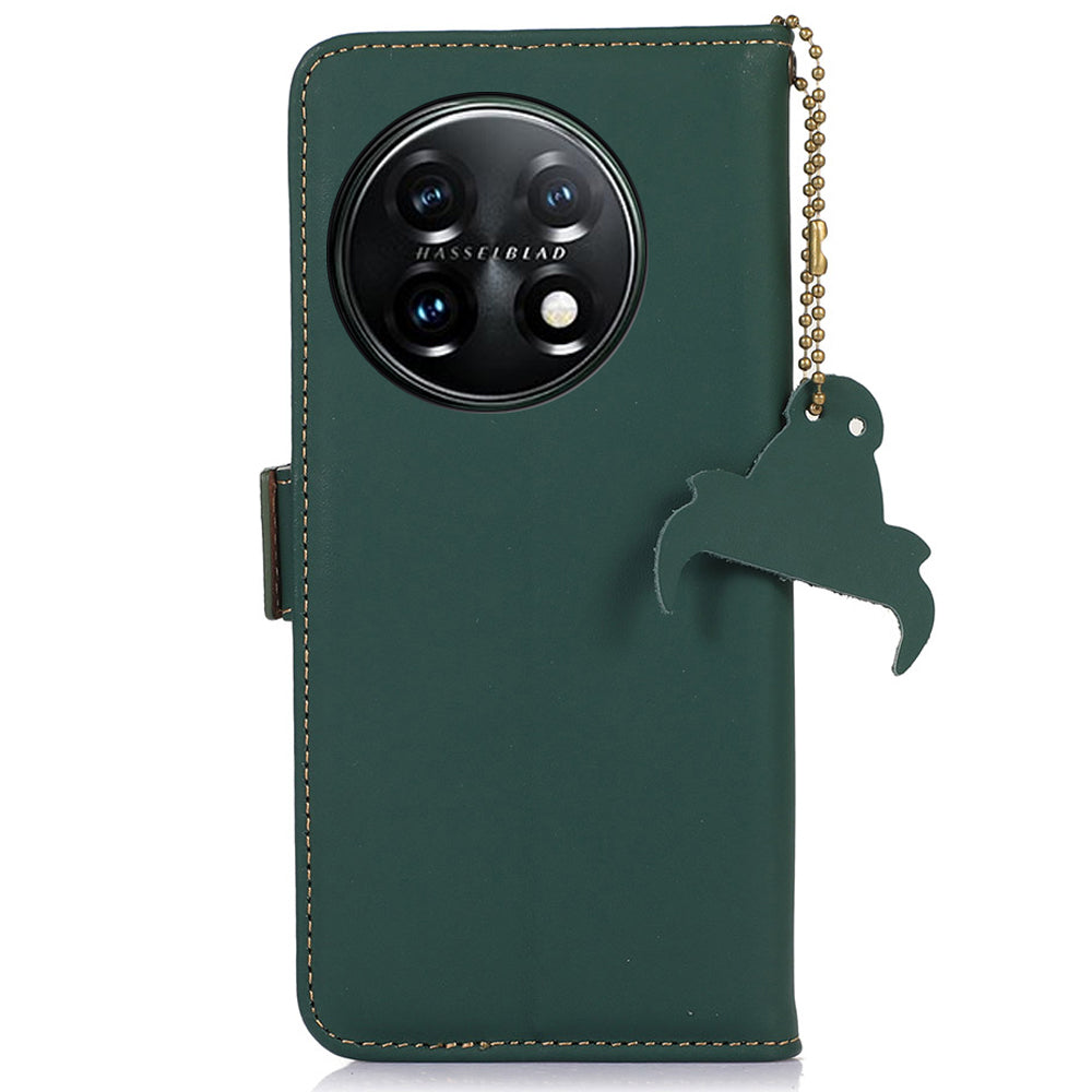 For OnePlus 11 5G Phone Case Genuine Leather Flip Cover RFID Blocking Wallet Case - Green