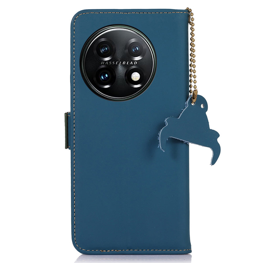 For OnePlus 11 5G Phone Case Genuine Leather Flip Cover RFID Blocking Wallet Case - Blue