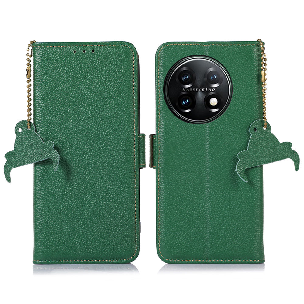 Shockproof Case for OnePlus 11 5G Genuine Leather Phone Case RFID Blocking Wallet Phone Cover with Stand - Green