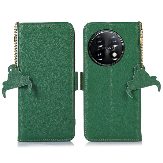 Shockproof Case for OnePlus 11 5G Genuine Leather Phone Case RFID Blocking Wallet Phone Cover with Stand - Green