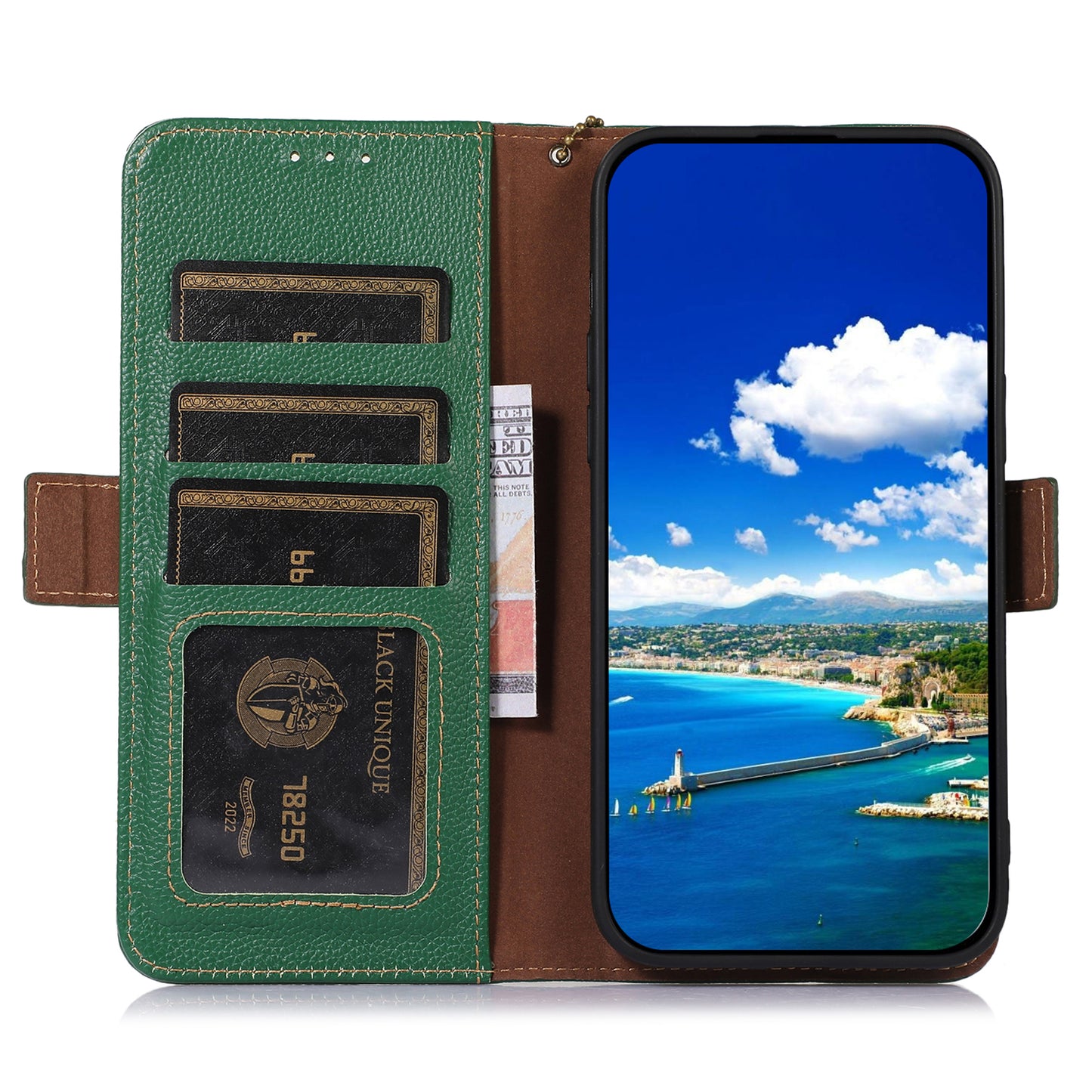 Shockproof Case for OnePlus 11 5G Genuine Leather Phone Case RFID Blocking Wallet Phone Cover with Stand - Green