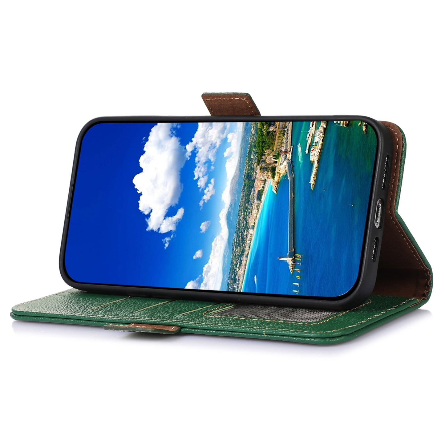 Shockproof Case for OnePlus 11 5G Genuine Leather Phone Case RFID Blocking Wallet Phone Cover with Stand - Green