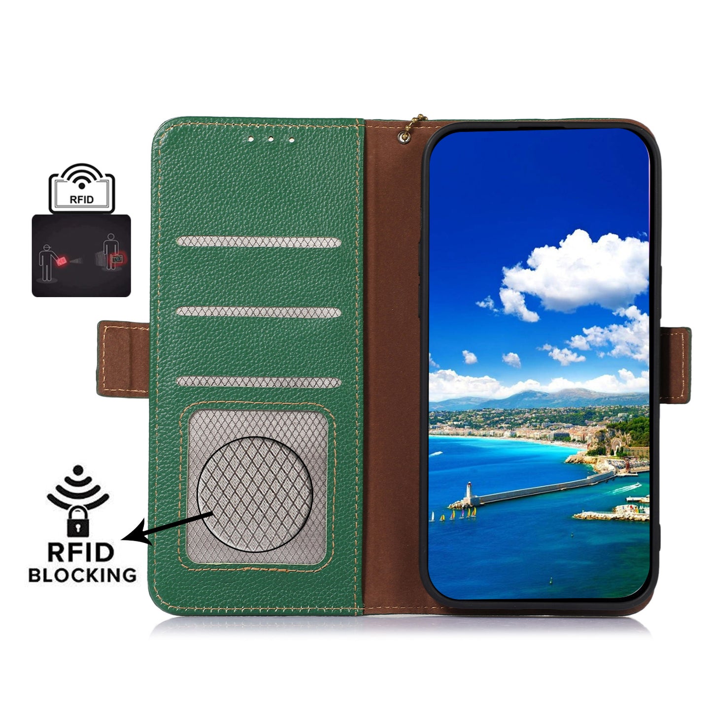 Shockproof Case for OnePlus 11 5G Genuine Leather Phone Case RFID Blocking Wallet Phone Cover with Stand - Green