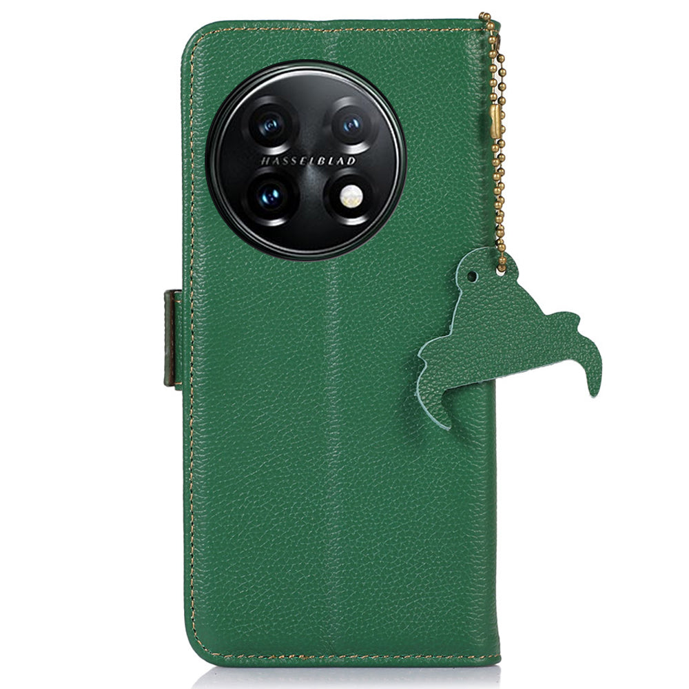 Shockproof Case for OnePlus 11 5G Genuine Leather Phone Case RFID Blocking Wallet Phone Cover with Stand - Green