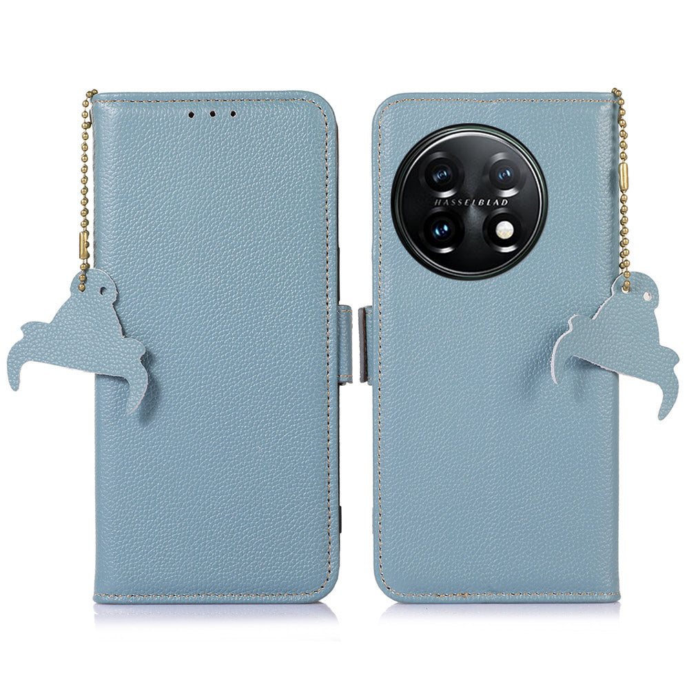Shockproof Case for OnePlus 11 5G Genuine Leather Phone Case RFID Blocking Wallet Phone Cover with Stand - Blue