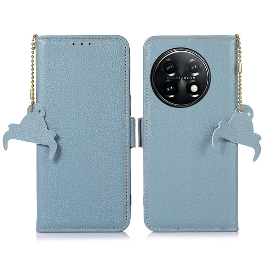 Shockproof Case for OnePlus 11 5G Genuine Leather Phone Case RFID Blocking Wallet Phone Cover with Stand - Blue