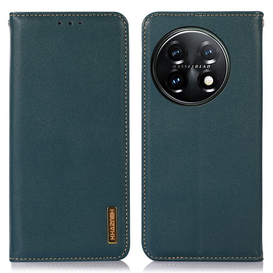 KHAZNEH Anti-drop Phone  Cover For OnePlus 11 5G Genuine Cowhide Leather Nappa Texture Stand Wallet Protective Phone Case - Green