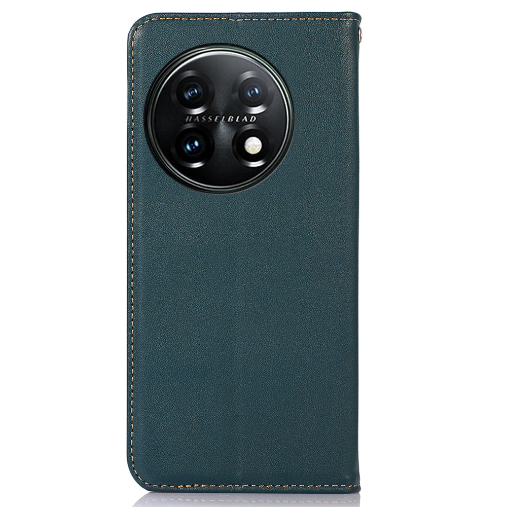 KHAZNEH Anti-drop Phone  Cover For OnePlus 11 5G Genuine Cowhide Leather Nappa Texture Stand Wallet Protective Phone Case - Green