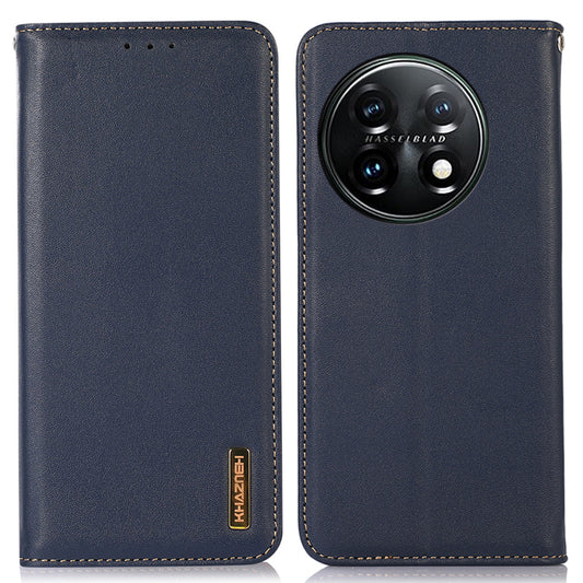 KHAZNEH Anti-drop Phone  Cover For OnePlus 11 5G Genuine Cowhide Leather Nappa Texture Stand Wallet Protective Phone Case - Blue