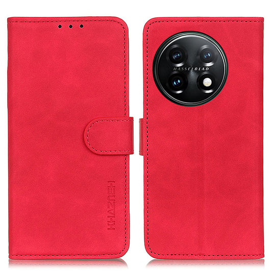 KHAZNEH For OnePlus 11 5G Leather Phone Case Retro Texture Anti-fall Phone Cover with Wallet Stand - Red