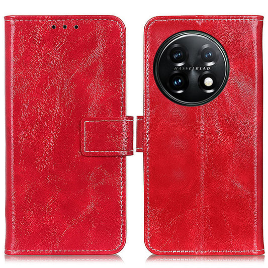Cell Phone Cover For OnePlus 11 5G , Leather Retro Crazy Horse Texture Anti-scratch Phone Case Stand Wallet - Red