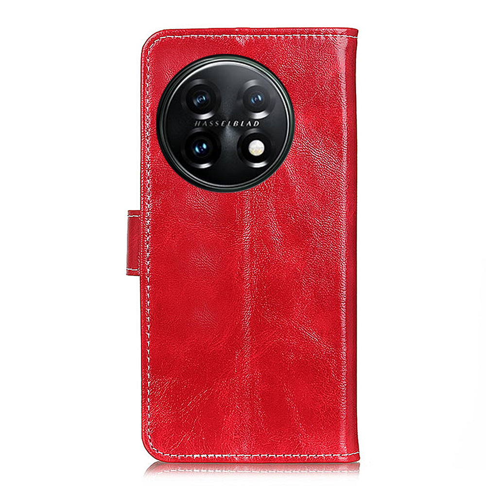 Cell Phone Cover For OnePlus 11 5G , Leather Retro Crazy Horse Texture Anti-scratch Phone Case Stand Wallet - Red