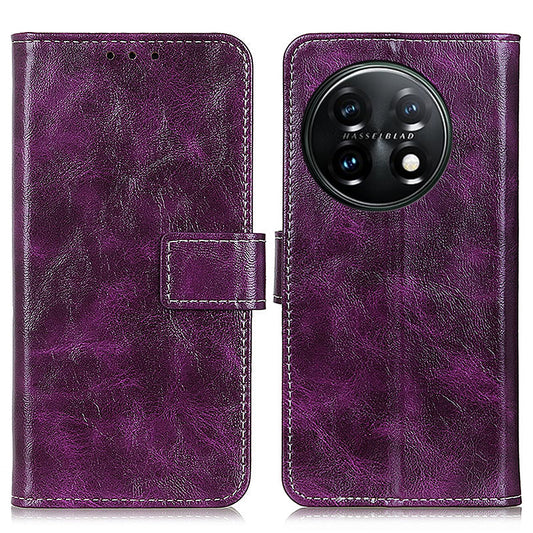 Cell Phone Cover For OnePlus 11 5G , Leather Retro Crazy Horse Texture Anti-scratch Phone Case Stand Wallet - Purple