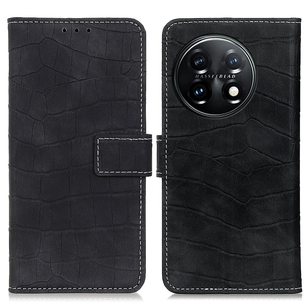 Mobile Phone Case For OnePlus 11 5G , Flip Leather Wallet Stand Crocodile Texture Anti-fall Protective Phone Cover - Black