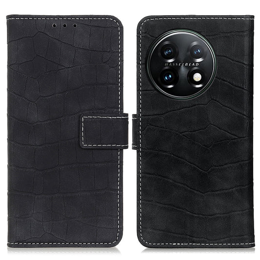 Mobile Phone Case For OnePlus 11 5G , Flip Leather Wallet Stand Crocodile Texture Anti-fall Protective Phone Cover - Black