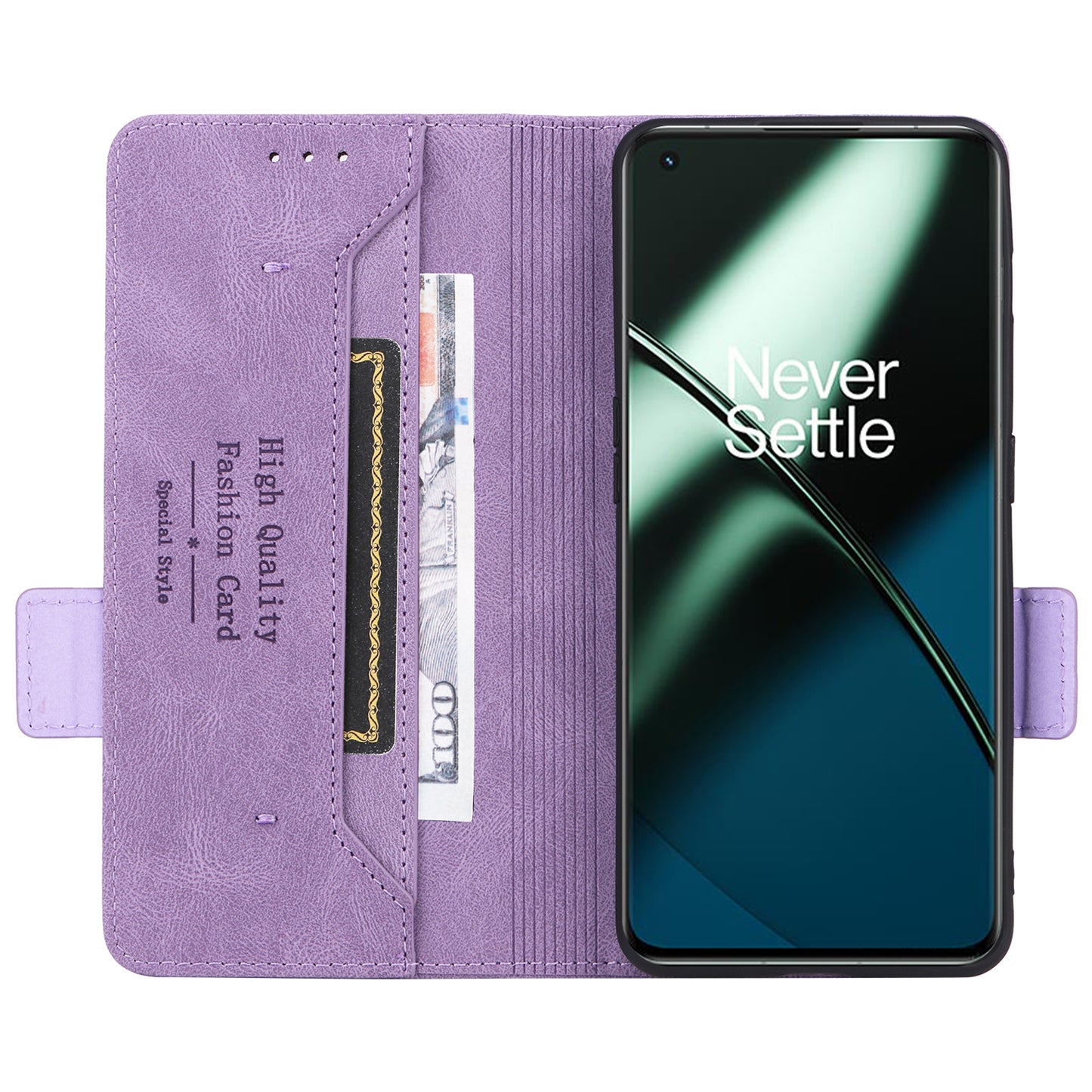 For OnePlus 11 5G Flip Cell Phone Cover Hardware Decor PU Leather Wallet Phone Case with Phone Stand Function - Purple