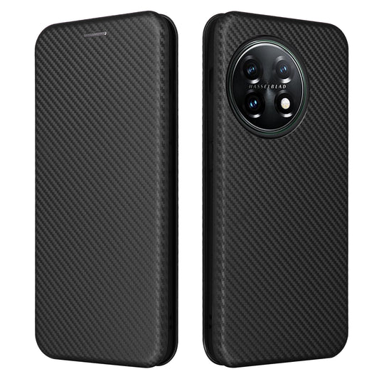 For OnePlus 11 5G PU Leather Stand Card Slots Case Carbon Fiber Texture Magnetic Auto-absorbed Folio Phone Cover - Black