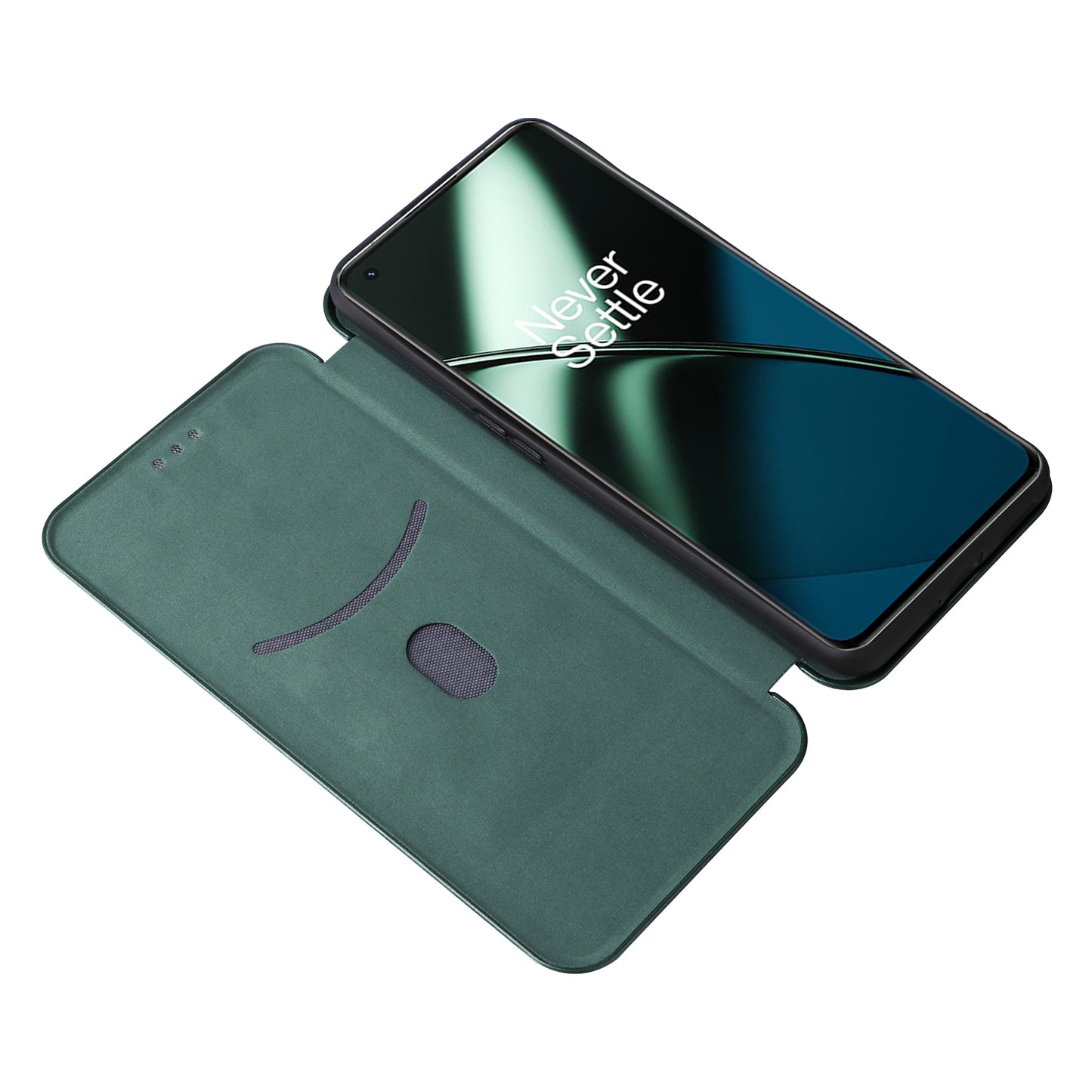 For OnePlus 11 5G PU Leather Stand Card Slots Case Carbon Fiber Texture Magnetic Auto-absorbed Folio Phone Cover - Green