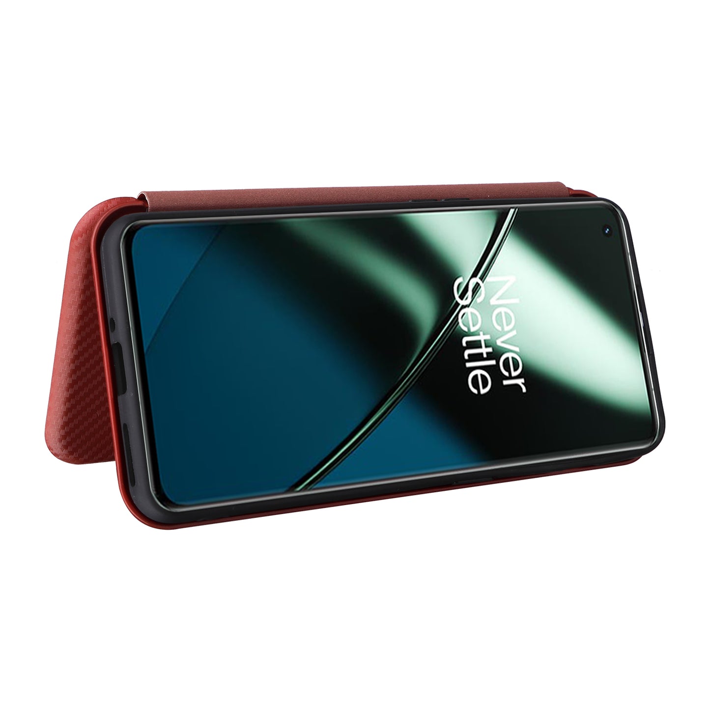 For OnePlus 11 5G PU Leather Stand Card Slots Case Carbon Fiber Texture Magnetic Auto-absorbed Folio Phone Cover - Red