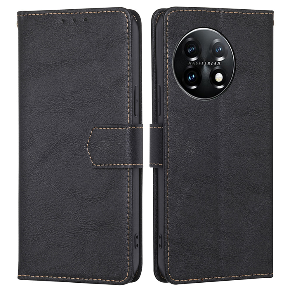 For OnePlus 11 5G Anti-drop Cowhide Texture PU Leather Stand Wallet Phone Case RFID Blocking Cover - Black