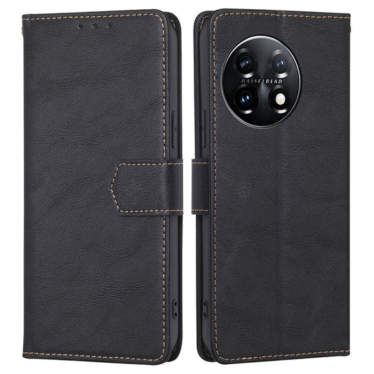For OnePlus 11 5G Anti-drop Cowhide Texture PU Leather Stand Wallet Phone Case RFID Blocking Cover - Black