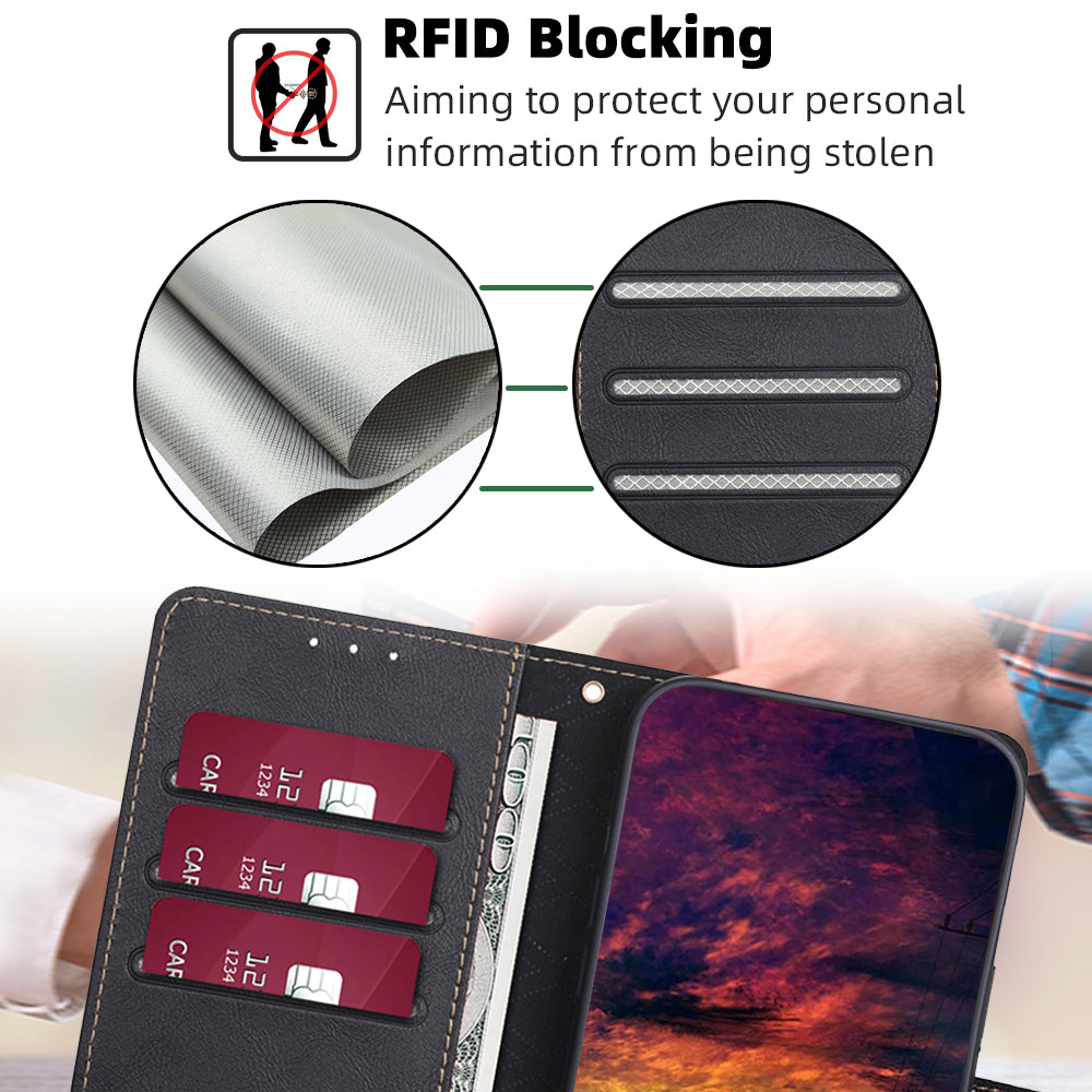 For OnePlus 11 5G Anti-drop Cowhide Texture PU Leather Stand Wallet Phone Case RFID Blocking Cover - Black