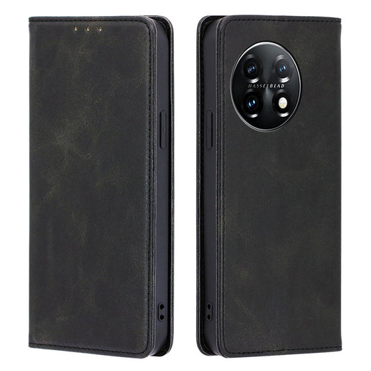 For OnePlus 11 5G Calf Texture Protective Phone Case Wallet Stand PU Leather Anti-drop Cell Phone Cover - Black