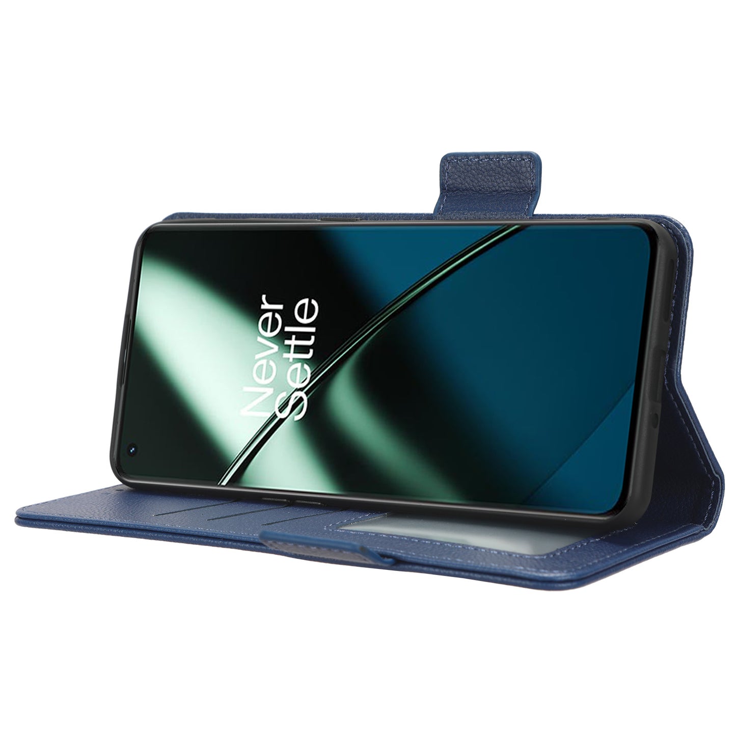 Anti-drop Phone Cover For OnePlus 11 5G Wallet Stand Litchi Texture PU Leather Protective Phone Case - Dark Blue