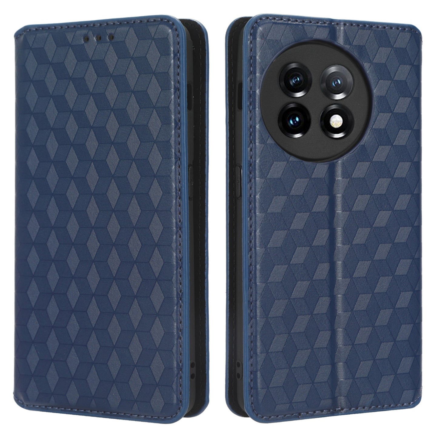 For OnePlus 11 5G Anti-scratch Protective Phone Case Stand Wallet Imprinted Rhombus Pattern PU Leather Phone Cover - Blue